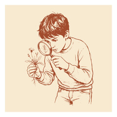 Vintage monochrome sketch of a young boy studying wild flowers with a magnifying glass magnifying examination research illustration monochrome learning education experiment investigation