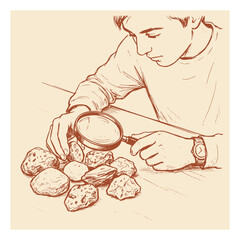 Vintage hand drawn illustration of a young man examining stones with a magnifying glass magnifying researcher examining illustration analysis discovery curiosity education monochrome