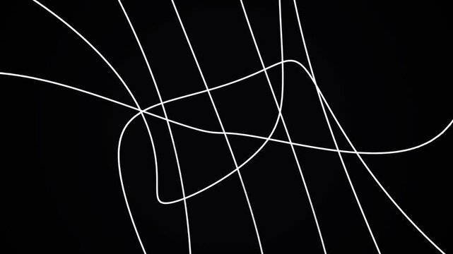 Parallel white curved light beams motion graphic on deep black background 3D render