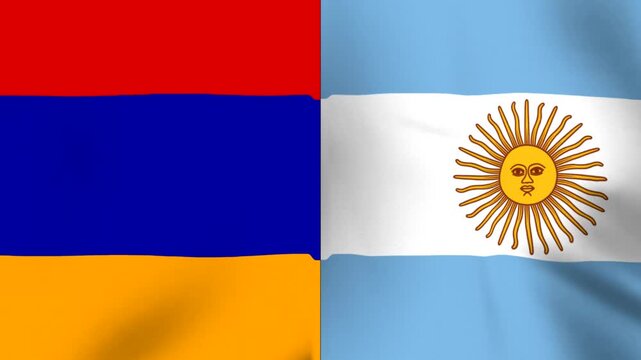 Waving flags of Armenia and Argentina showing diplomatic cooperation and bilateral international relations