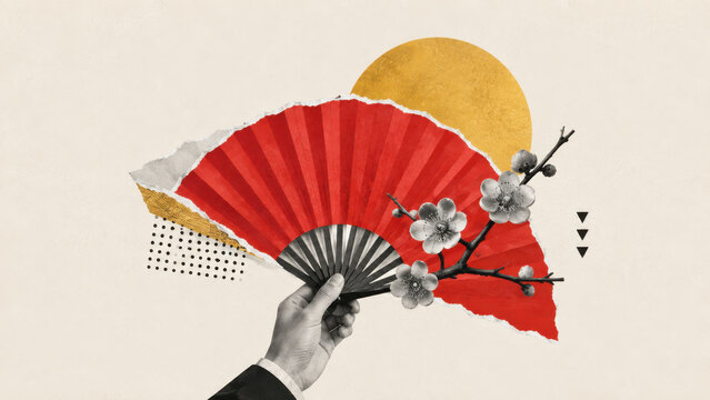 Hand holding an open red folding fan with plum blossom branches and a gold sun disc behind in a minimal collage