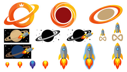  Space Icons Set – Planets, Rockets, Saturn Rings and Rocket Flames © Manna