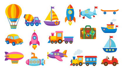 Cute Cartoon Travel & Transportation Icons – Balloons, Boats, Planes, Trains, Cars and More © Manna