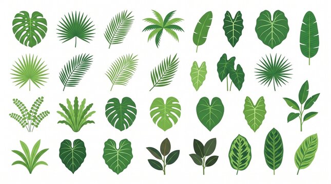Set of tropical jungle leaves and exotic plants vector illustration