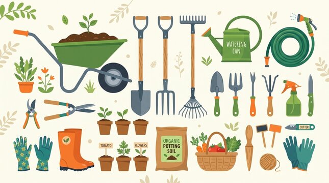 Set of gardening tools and equipment for planting