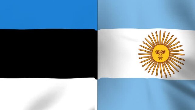 Waving flags of Estonia and Argentina combined side by side representing international cooperation and diplomatic relations between these two countries