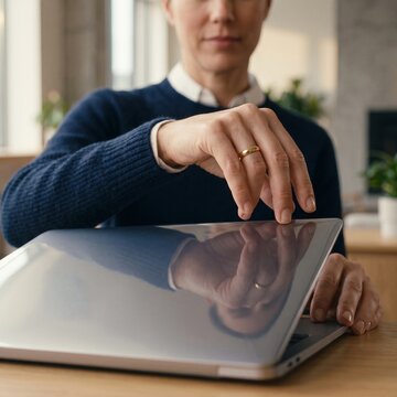 Close up of business professional hand closing a modern laptop on a wooden desk