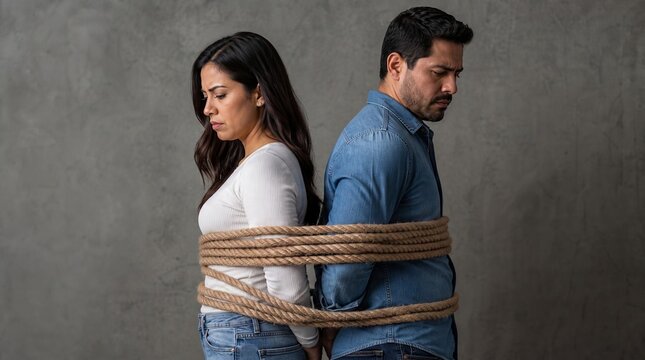 Man and Woman Tied Together with Thick Rope Back to Back Against Gray Concrete, Visualizing Forced Marriage, Relationship Struggles, and Co-dependency