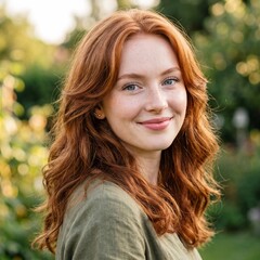 Naklejka premium Charming young woman with long wavy red hair and freckles smiling outdoors in nature
