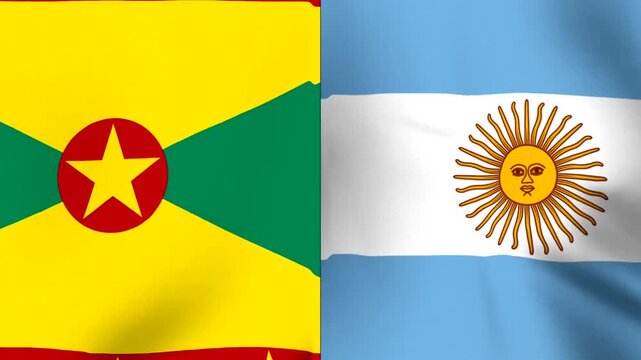 Waving flags of Grenada and Argentina side by side representing international friendship and diplomatic relations between these two countries