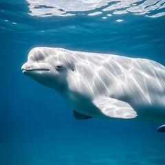 Fototapeta premium Beluga whale swimming in clear blue ocean water