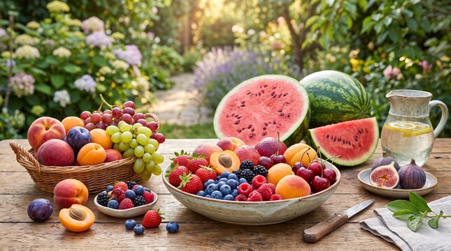 Fresh summer fruits in bowls on a wooden table in the garden