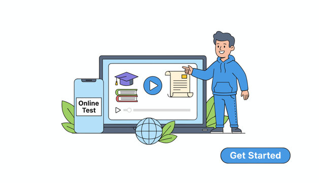 Smiling man presenting online education opportunities through a laptop screen displaying graduation caps and certificate icons.