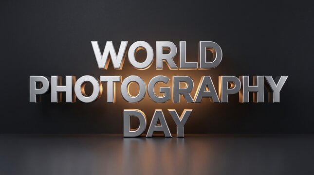 World Photography Day 3D text, metallic silver lettering on dark background, elegant photography celebration banner