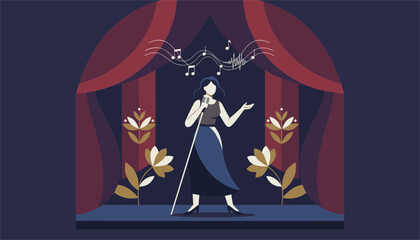 Obraz premium Female singer performing a song on a theater stage with red curtains, musical notes, and decorative flower patterns.