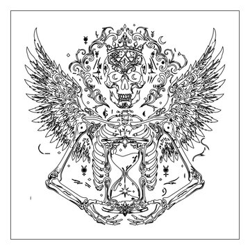 Mystical winged skull with skeleton ribcage and hourglass in an ornate celestial frame coloring page line art.