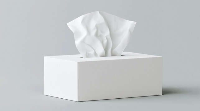 A white tissue box with a pulled-out tissue sits on a clean light grey background. Perfect for health, hygiene, or comfort concepts.