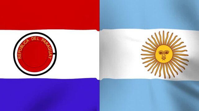 Waving flags of Paraguay and Argentina side by side representing international friendship and diplomatic cooperation