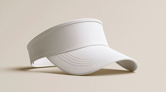 A white visor sits on a soft beige background with studio lighting. This blank cap is ideal for product design mockups and branding projects.