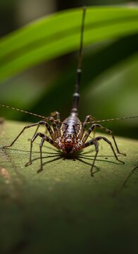 Macro shot of a whip scorpion crawling on a leaf in the wild