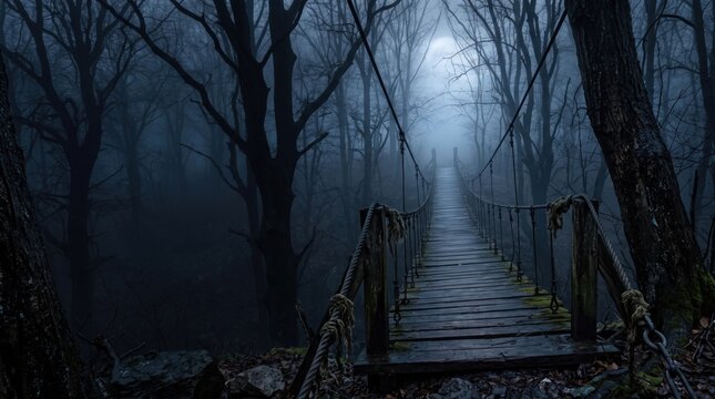 A dark, misty forest panorama reveals an eerie wooden suspension bridge stretching into a mysterious, blue-toned landscape, evoking a spooky halloween fantasy scene.