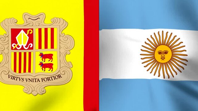 Waving national flags of Andorra and Argentina side by side in a conceptual international relations representation