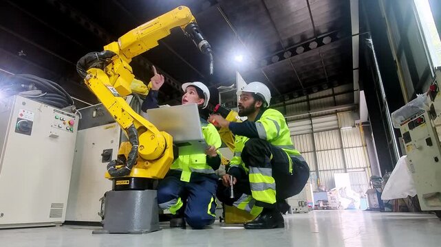 Engineers collaborate on industrial robot maintenance in a modern factory setting