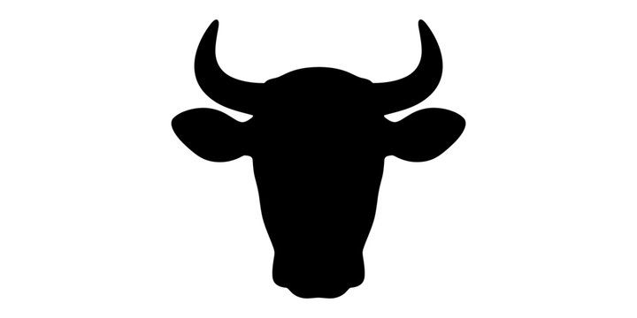 Black silhouette of a cow head with horns isolated on a white background, bull animal