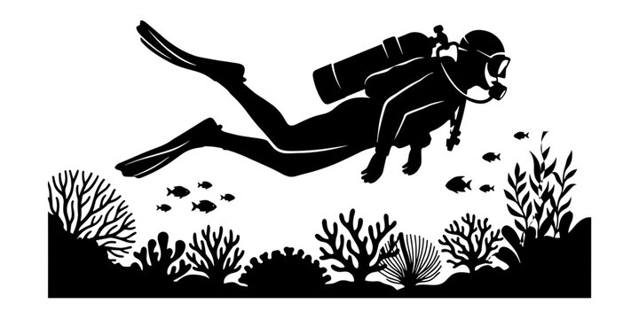 Scuba diver swimming over a coral reef with tropical fish on a white background diving