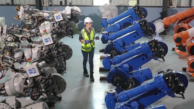 Robot Arms in Factory: A female engineer wearing a hard hat and safety vest inspects rows of industrial robot arms in a clean factory setting.