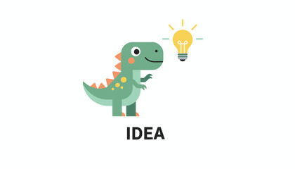 Naklejka premium Friendly cartoon dinosaur stands next to a bright yellow lightbulb icon representing a creative and smart idea.