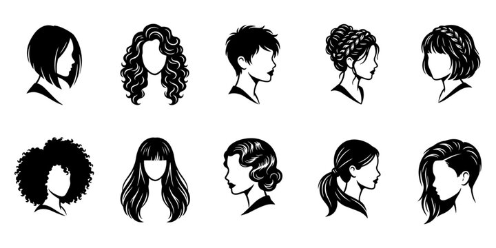 Set of ten female hairstyle silhouettes, diverse haircuts on a white background woman