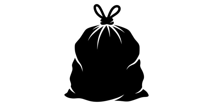 Black silhouette of a tied trash bag isolated on a white background, garbage waste