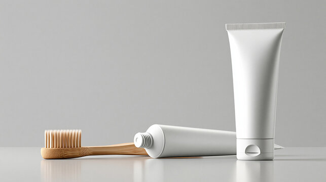 Two white cosmetic tubes with a wooden bamboo toothbrush on a studio backdrop. Perfect for beauty brand identity and oral care product advertising.