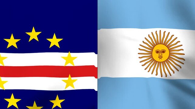 Waving national flags of Cape Verde and Argentina side by side in a split screen composition