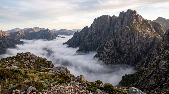 Rugged mountain peaks above a sea of clouds at sunrise