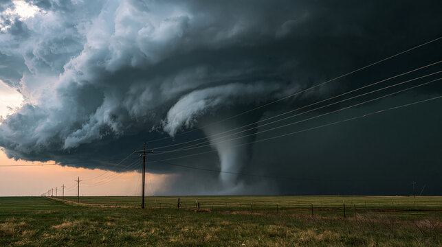 A powerful tornado descends from a dark supercell cloud over a green field with power lines. Represents extreme weather, natural disaster, and climate change.