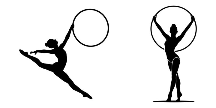 Black silhouettes of rhythmic gymnasts performing with hoops on a white background