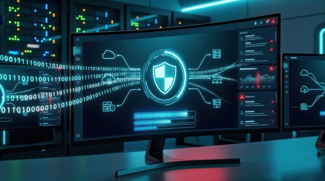 Cyber security protection system concept with digital shield on a server screen