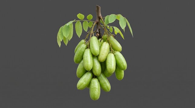 Fresh green bilimbi fruits on branch with leaves