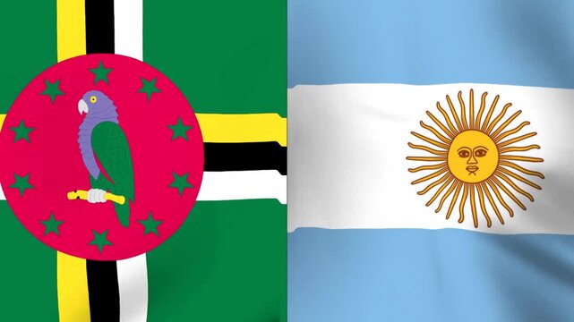 Waving national flags of Dominica and Argentina side by side in a conceptual international display