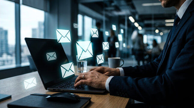 Businessman wearing a dark suit typing on a laptop keyboard with floating email icons symbolizing digital communication and business correspondence in an office.