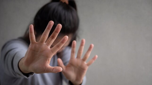 Woman Raising Hands in Defensive Gesture to Stop Harassment or Violence, Concepts for Personal Safety and Social Awareness