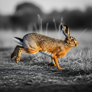 Wild hare running fast through a field