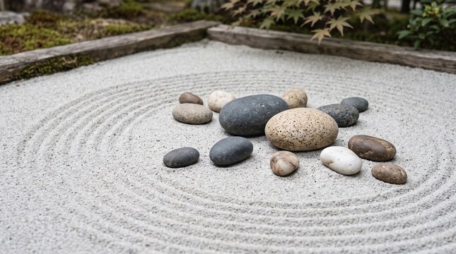 Zen garden with raked sand and smooth stones