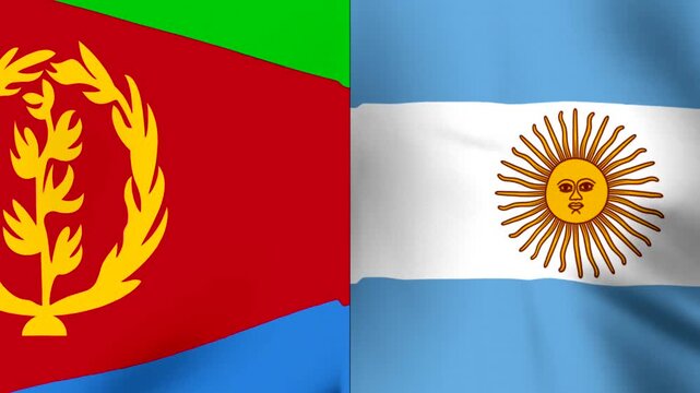 Waving national flags of Eritrea and Argentina side by side in a conceptual international diplomatic alliance design
