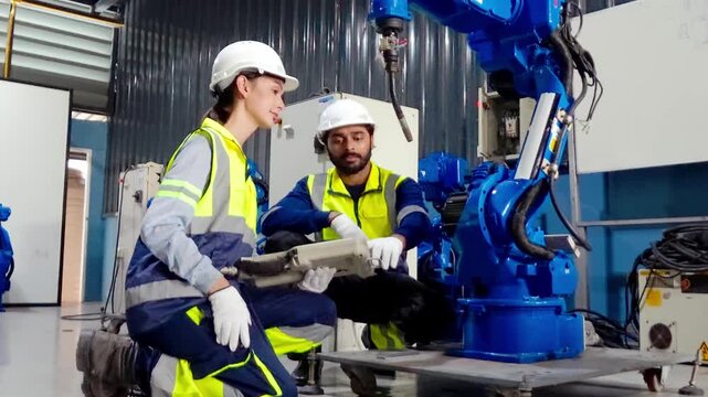 Robotic Arm Collaboration: Two engineers, a woman and a man, wearing hard hats and high-visibility vests, collaborate in a factory setting, inspecting and operating a large industrial robotic arm.