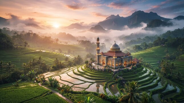 Mosque in lush rice terraces at sunrise
