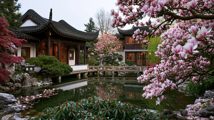 Fototapeta premium Tranquil Asian garden with blooming magnolia trees and a tranquil pond reflecting traditional architecture. Serene landscape for travel and wellness concepts.