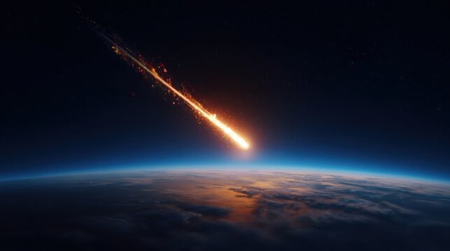 Spectacular meteor entering Earth s atmosphere, bright fiery orange trail cutting diagonally across a deep blue black sky, glowing fragments